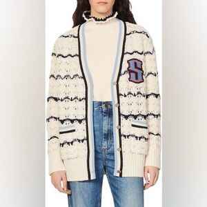 Sandro Ludvik Crocheted Logo Patch Cardigan in Cream Size XS